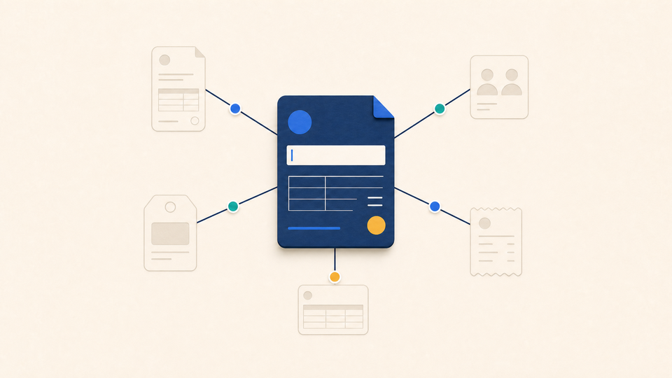 One job card connects outward to an invoice, the crew, a kit tag, a receipt, and the ledger.